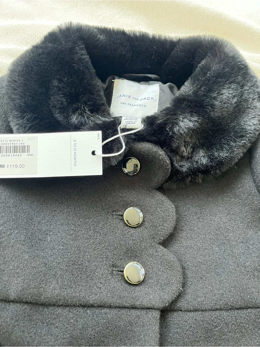 Janie and Jack Black Wool Pea Coat with Faux-Fur Collar